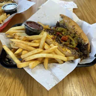 Philly, with ez cheese, sweet red cherry peppers, and fries.