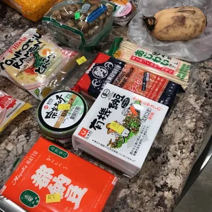 a variety of food items on a counter