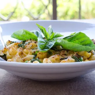 Uptown Mac &amp; Cheese with aged gruyere and cheddar, buttered herb crumbs, hormone-free chicken