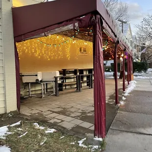 a covered patio in winter