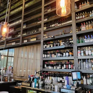 wine bottles on shelves