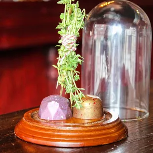 a glass clochet on a wooden table