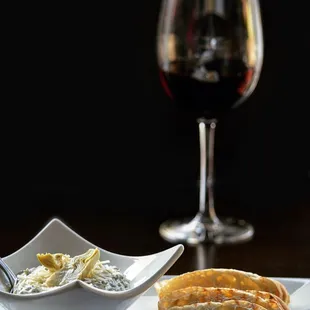 spinach artichoke spread with fresh toasted baguette slices.