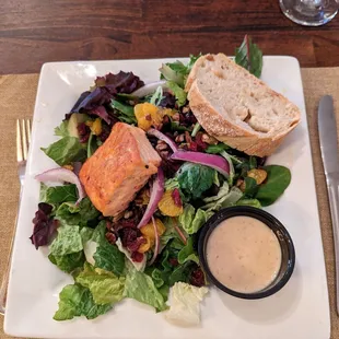 yum! salmon and greens with mandarine oranges, red onion, craisins