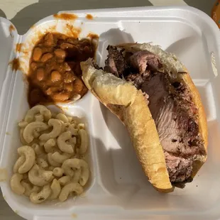 Tritip sandwich, baked beans, and Mac &amp; Cheese
