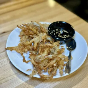 Enoki Tempura - Lightly battered fried enoki mushrooms served with sweet chili sauce and crushed peanuts