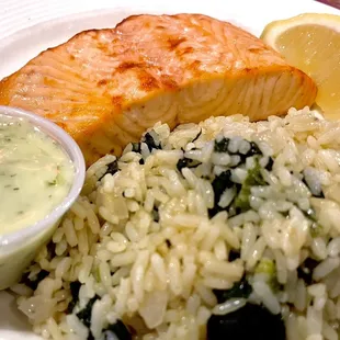 Broiled Atlantic Salmon with Dill sauce and a side of the best rice pilaf in the whole world