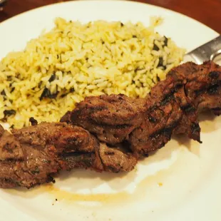 Marinated steak tips with rice pilaf. Yum.