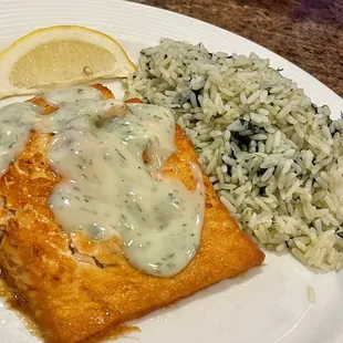 Norwegian salmon with dill sauce and a side of spinach rice - Delicious!!!