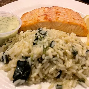 Broiled Atlantic Salmon with Dill sauce and a side of the best rice pilaf in the whole world