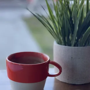 They give you actual mugs (to go cups also avail)