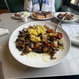 Garbage bowl with mushrooms, Ciabatta bread French toast with chocolate chips.