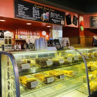 a display of pastries in a bakery