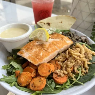 a plate of food and a drink