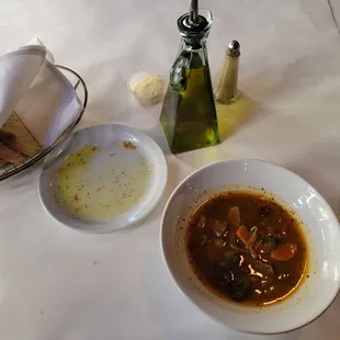 Olive oil, fresh bread and Pasta e fagioli