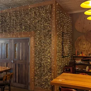 a wooden table and chairs