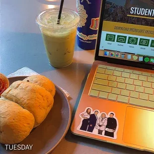Pepperoni roll with marinara and iced green tea matcha over ice with oat milk!