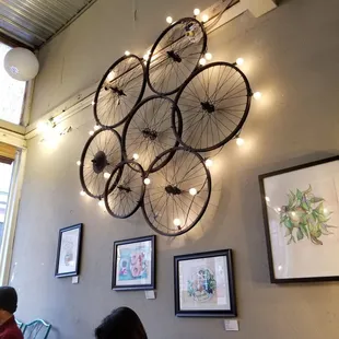 bicycles mounted on the wall