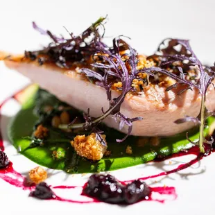 Roasted Pheasant | Lavender-Honey Glaze | Bitter Greens | Ginger Cake | Huckleberry Gastrique