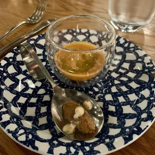 Tuna bite with tomato bisque shot