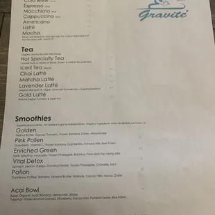 Beverage menu