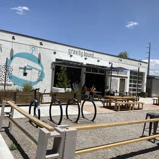 Bike parking and outdoor seating.