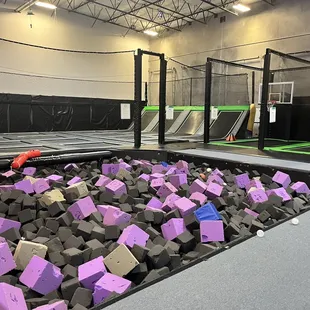 Dodgeball trampolines, basketball, balance beam, foam pit