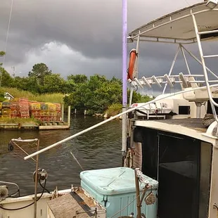 a boat docked at a dock