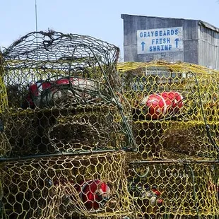 a pile of lobster traps