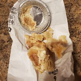 All crust, very little fruit.  The crust was inedible, tough and gummy.