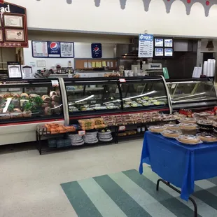 a blue table with food on it