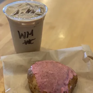 White mocha, strawberry scone