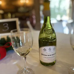 a glass of wine and a bottle on a table