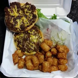 Double cheeseburger and tater tots.  Delicious.