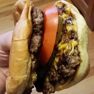 A thick double cheeseburger