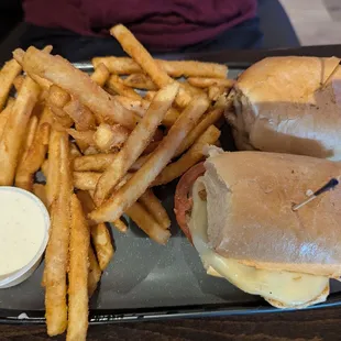 Pesto chicken sandwich with fries