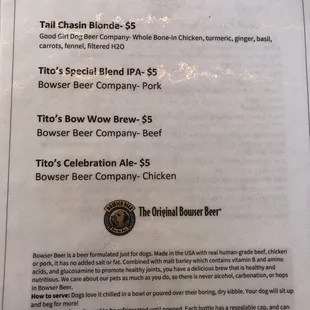 Dog Beer Menu