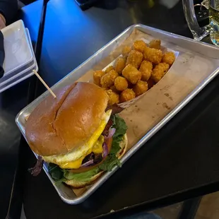 a burger and tater tots