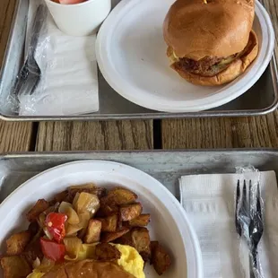 Bruchwich and Fried Chicken Sandwich w/ Fruit Cup