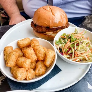 Spicy Chicken Sandwich and tots