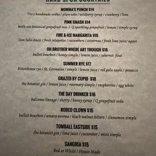 Part of the drink menu