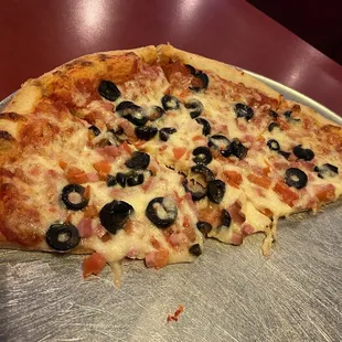 Remaining 1/2 of my 12&quot; ham, tomato, &amp; black olives pizza. I didn&apos;t take a pic when it first came out.