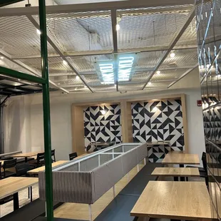 a large room with tables and chairs