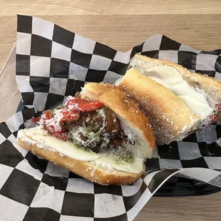 two sandwiches in a basket