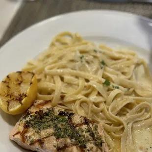 Salmon and fettuccine Alfredo.