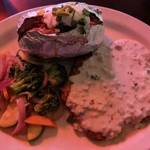 Chicken fried steak with baked potato instead not mashed potatoes. Good!