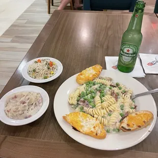 My meal...Fusilli Carbonara with Redskin Mashed Potatoes and Korean BBQ Mixed Greens!