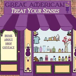 a storefront with a purple awning