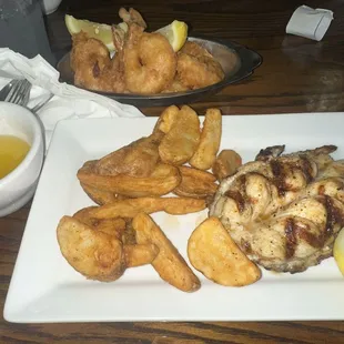 Lobster tail seafood platter and beer battered shrimp