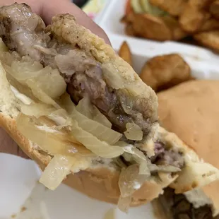Juicy ribeye steak sandwich ! Omg it&apos;s so good done medium . Add grilled onion .